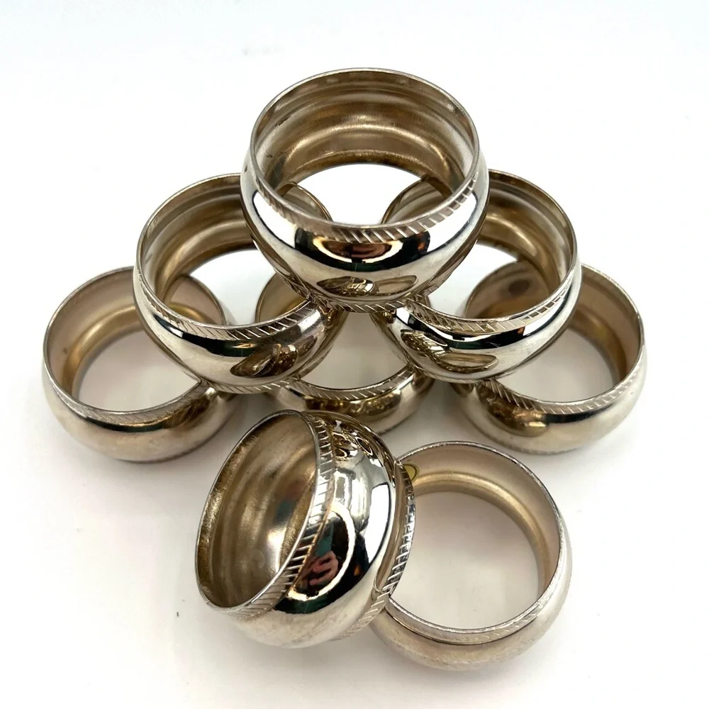 Silver Tone Napkin Rings Detail Edge Set Of 8 Stainless Dinner Accessory